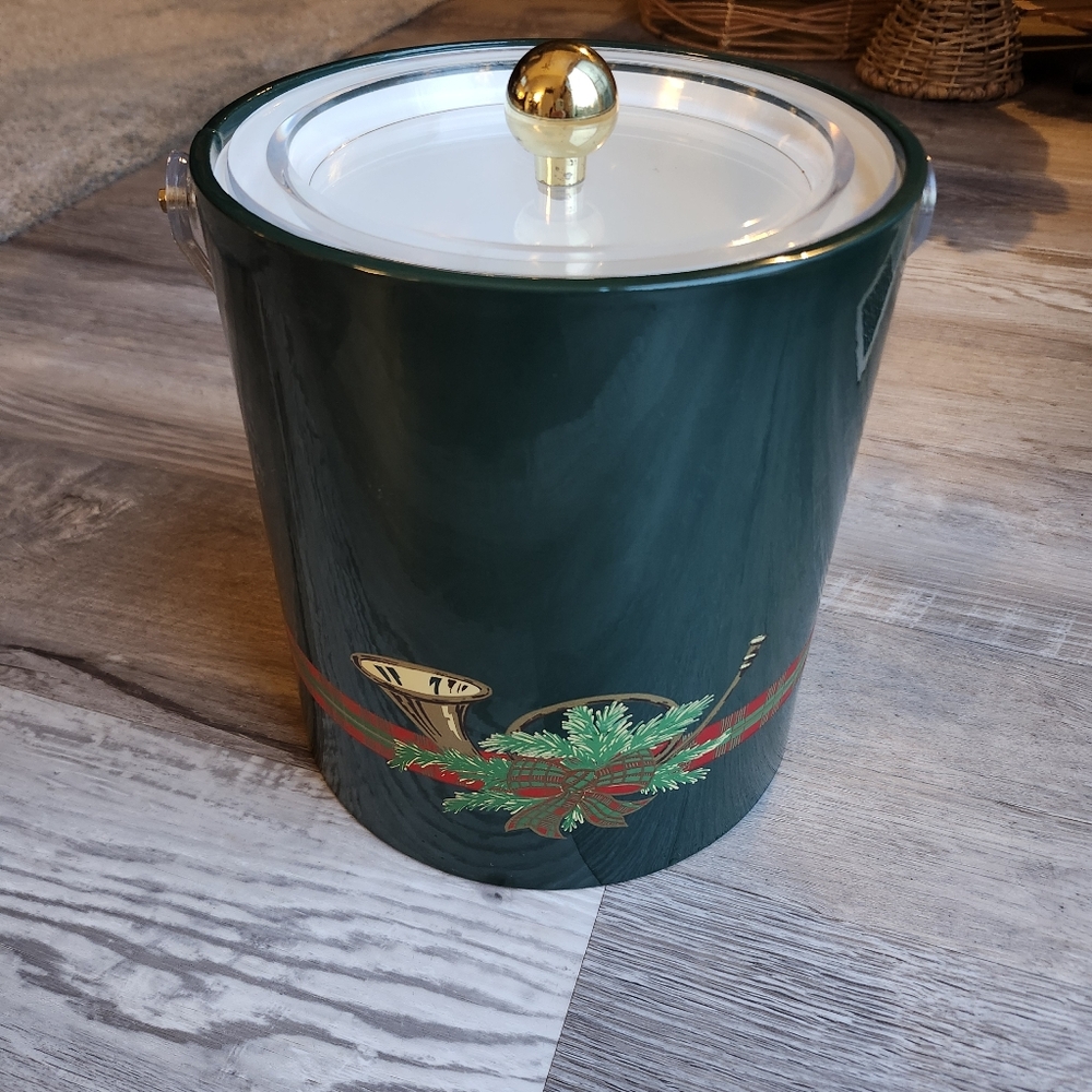 Georges Briard Christmas Ice Bucket Green Plaid Ribbon Horn Vinyl Vintage Barwar